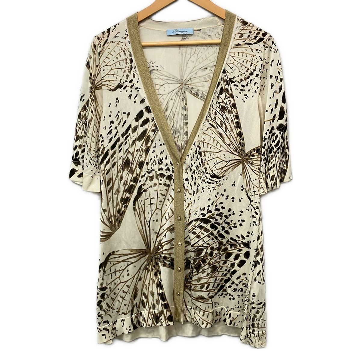 BLUMARINE(ブルマリン) カーディガン サイズI 42 レディース美品 アイボリー×ダークブラウン×ゴールド 半袖