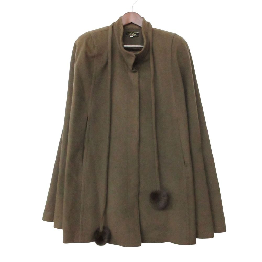 Leilian レリアン ポンチョ タスマニア ウール カシミヤ ミンク ボンボン付き 比翼 ブラウン 13【XL】 レディース 【中古】
