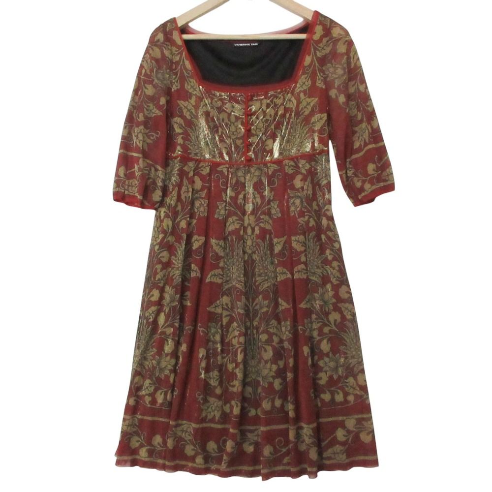 VIVIENNE TAM ヴィヴィアンタム ワンピース パワーネット ショートスリーブ シルク ナイロン マキシ丈 花柄 胸ボタン レッド 1【M】 レディース 【中古】