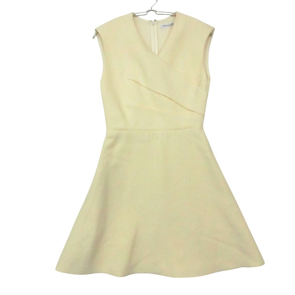 Christian Dior クリスチャンディオール ワンピース ドレス ノースリーブ カシュクール Vネック ウール シルク フランス製 141R42A1166 ホワイト系 38 レディース 【中古】