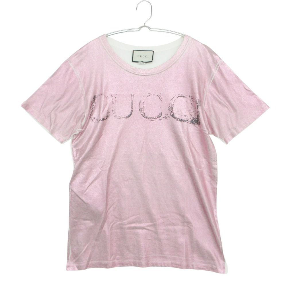 GUCCI グッチ 半袖Ｔシャツ ラメ グリッタープリント ロゴ刺繍 切替 トップス ピンク S メンズ レディース 【中古】