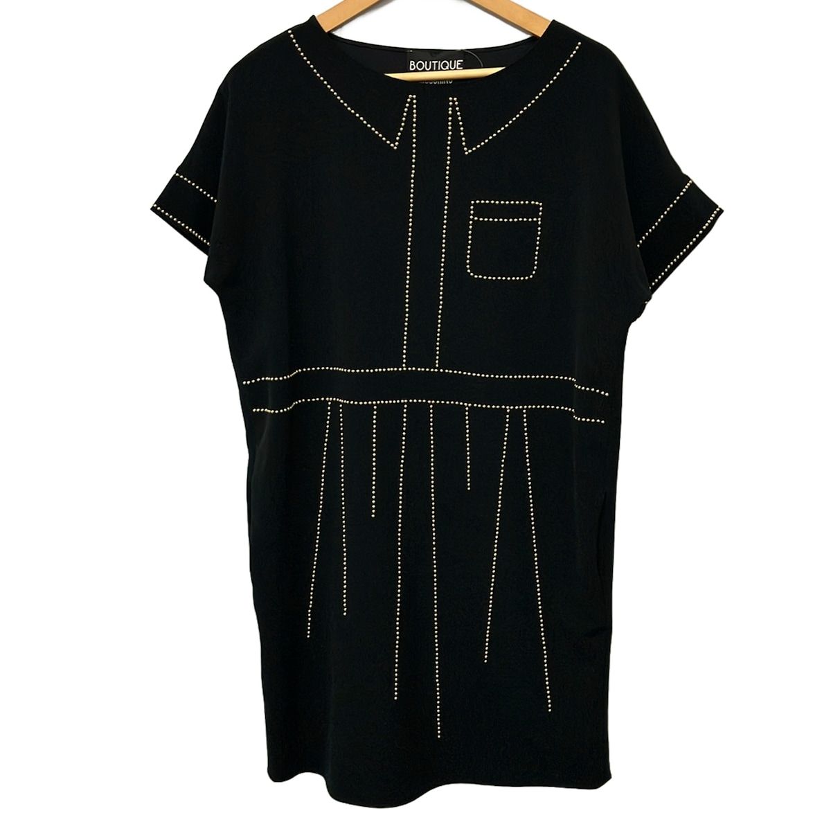 MOSCHINO(モスキーノ) ワンピース サイズI 42 レディース美品 - 黒×ゴールド 半袖/ひざ丈/スタッズ