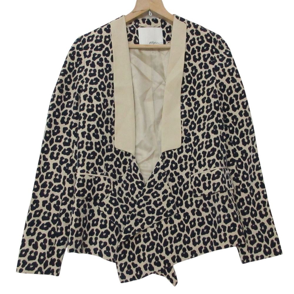 3.1 Phillip Lim 3.1フィリップリム テーラードジャケット ショールカラー シルク100％ ヒョウ柄 ベージュ×ネイビー 0【S】 レディース 【中古】
