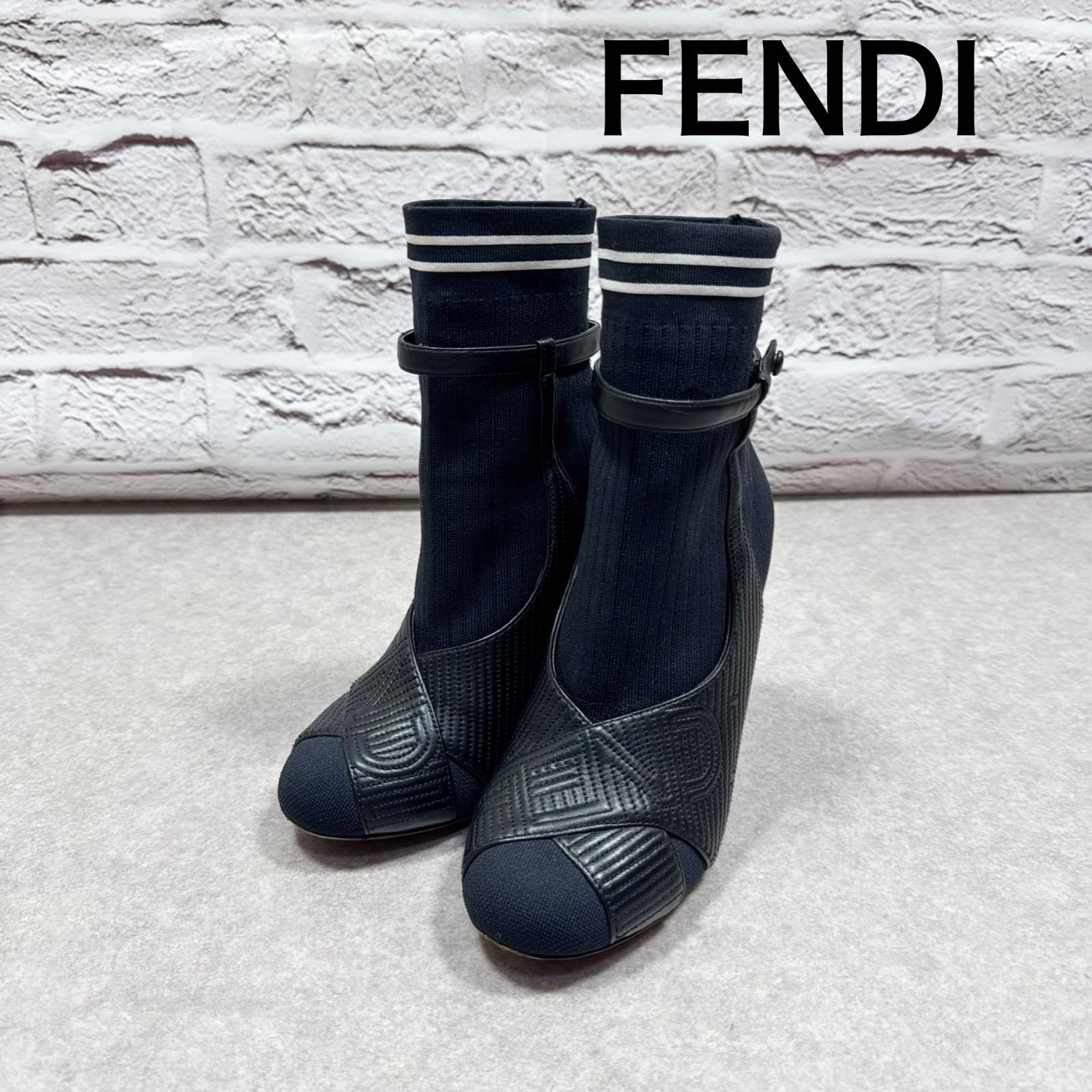 フェンディ FENDI ニット ソックスブーツ FFロゴ オフホワイト 40