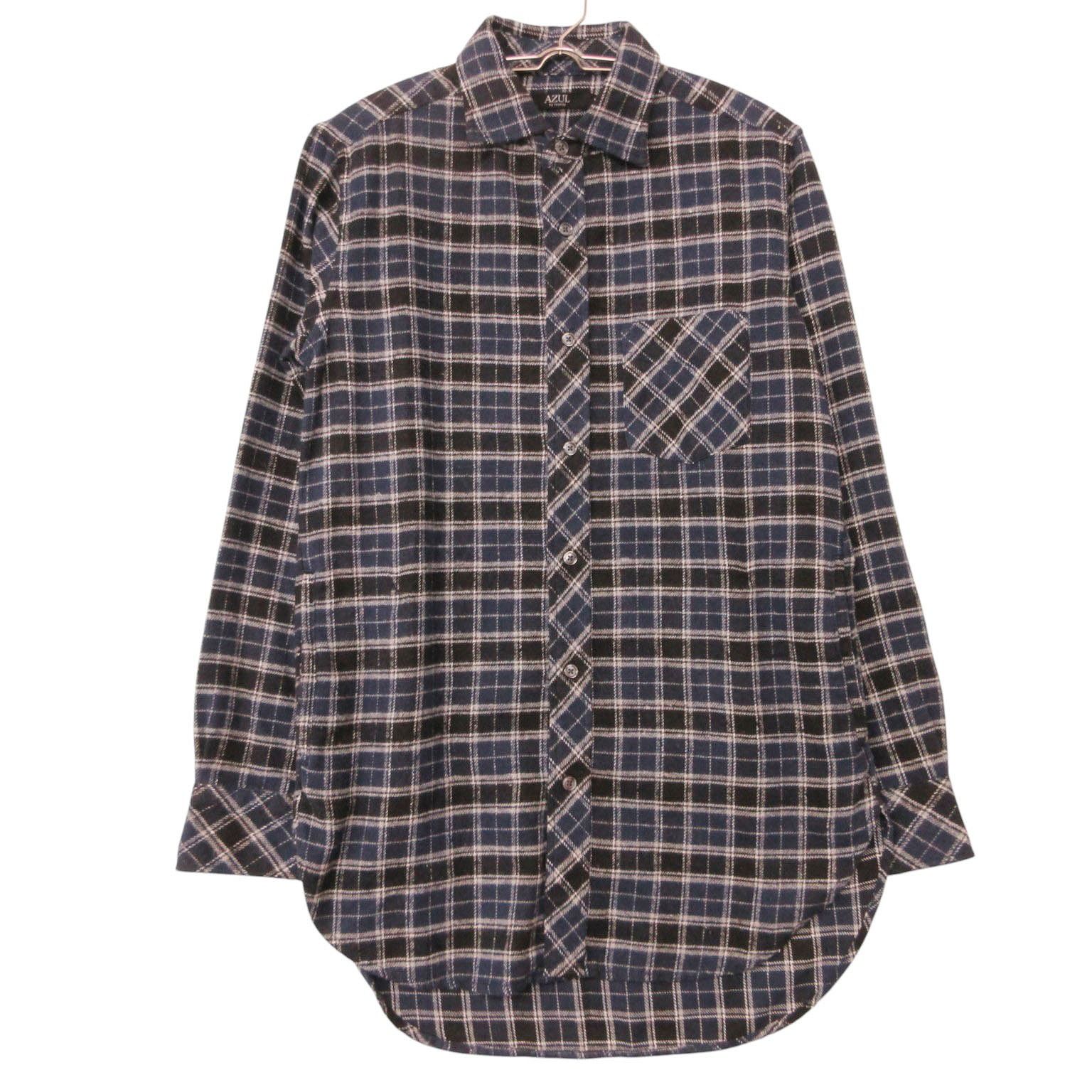 AZUL by moussy アズールバイマウジー 長袖シャツ チェック ロングシャツ ネイビー×ホワイト×ブラック メンズ 【中古】