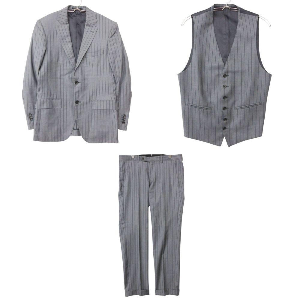 WILD LIFE TAILOR ワイルドライフテーラー DORMEUIL ドーメル スーツ ストライプ柄 3ピース セットアップ テーラードジャケット パンツ ジレ 日本製 グレー 44【S】 メンズ 【中古】