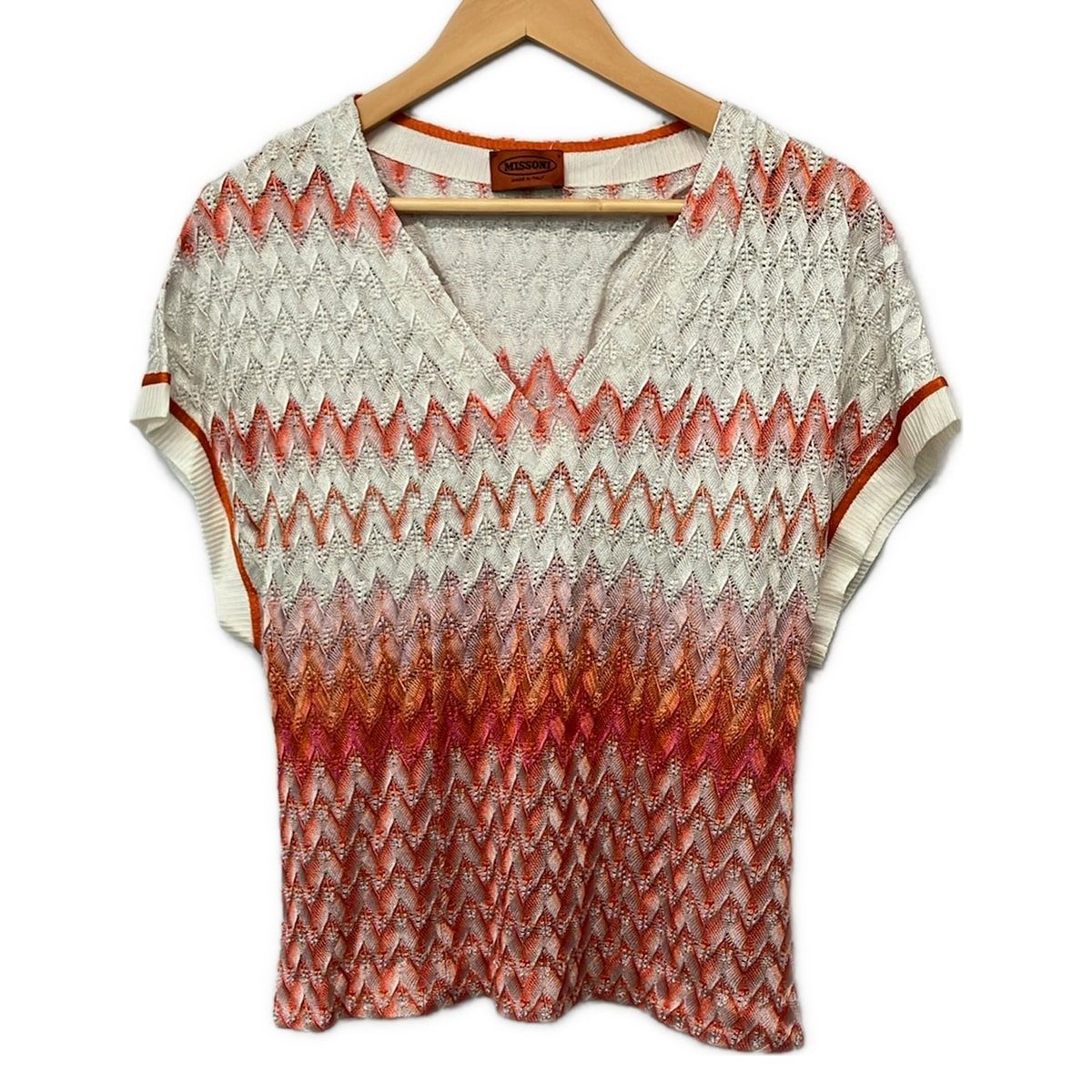 MISSONI(ミッソーニ) 半袖カットソー サイズ40 M レディース美品 白×オレンジ×ピンク Vネック
