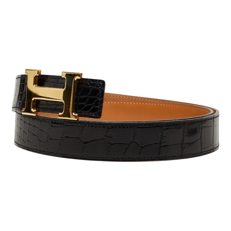 エルメス コンスタンス Hベルト ベルト サイズ105 ブラック ゴールド アリゲーター メンズ HERMES【243-73752】