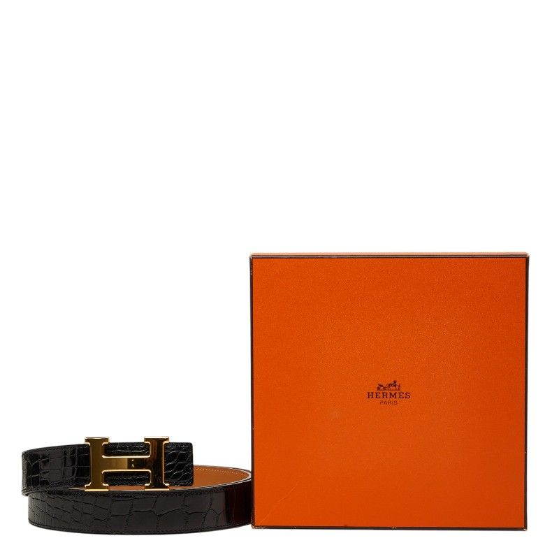 エルメス コンスタンス Hベルト ベルト サイズ105 ブラック ゴールド アリゲーター メンズ HERMES【243-73752】