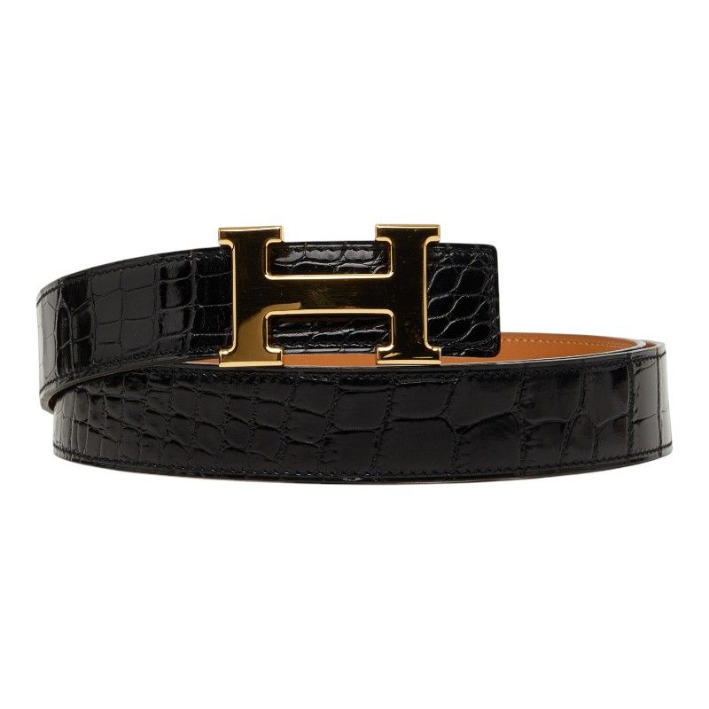 エルメス コンスタンス Hベルト ベルト サイズ105 ブラック ゴールド アリゲーター メンズ HERMES【243-73752】