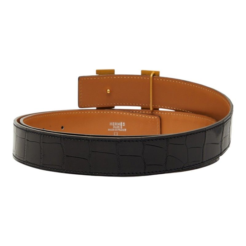 エルメス コンスタンス Hベルト ベルト サイズ105 ブラック ゴールド アリゲーター メンズ HERMES【243-73752】