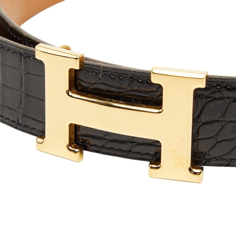 エルメス コンスタンス Hベルト ベルト サイズ105 ブラック ゴールド アリゲーター メンズ HERMES【243-73752】