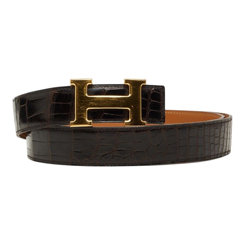 エルメス コンスタンス Hベルト ベルト ダークブラウン ゴールド アリゲーター メンズ HERMES【243-73753】