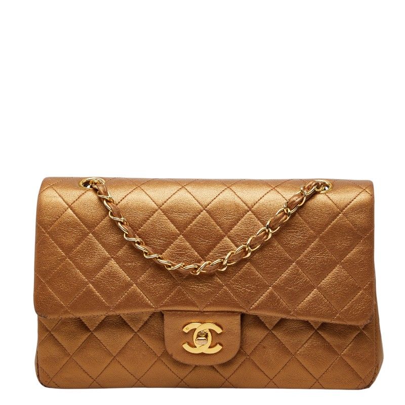 シャネル マトラッセ25 ココマーク ダブルフラップ ダブルチェーン ショルダーバッグ ブロンズ レザー レディース CHANEL【243-73756】