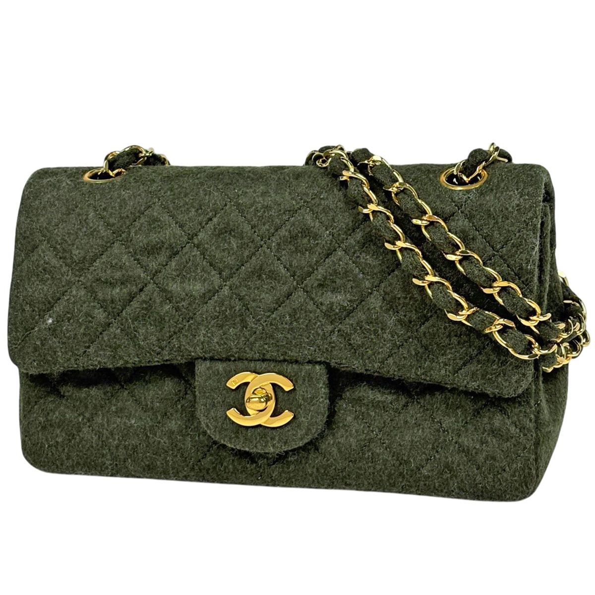 シャネル CHANEL マトラッセ Wフラップ チェーン ショルダーバッグ ココマーク ファブリック ダークグリーン A01113 レディース 【中古】