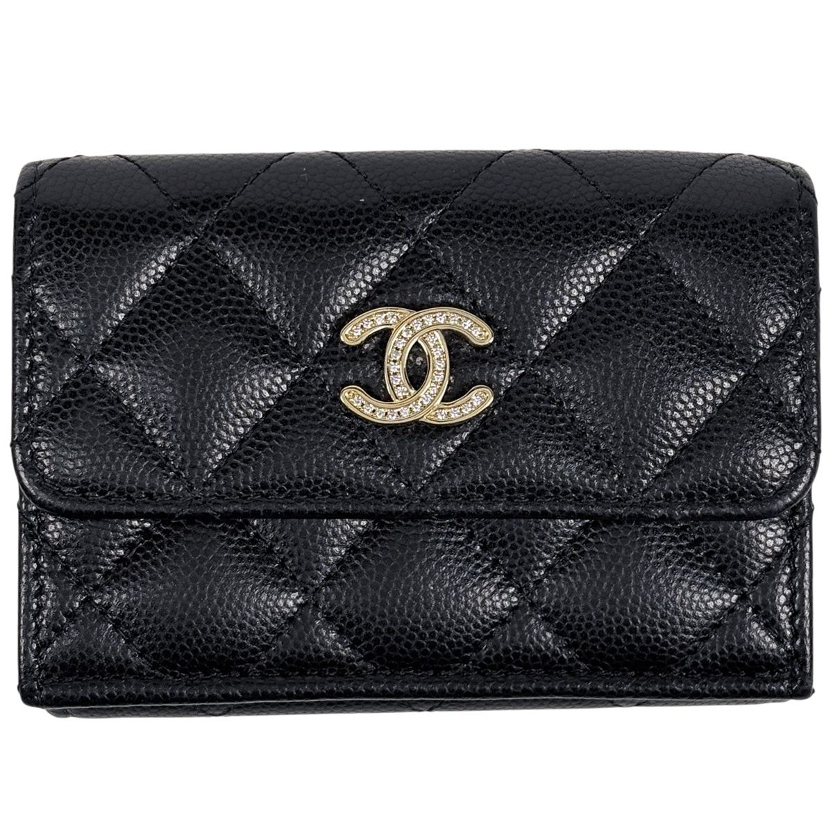 シャネル CHANEL ココマーク 三つ折り 財布 スモールウォレット キャビアスキン ブラック レディース 【中古】
