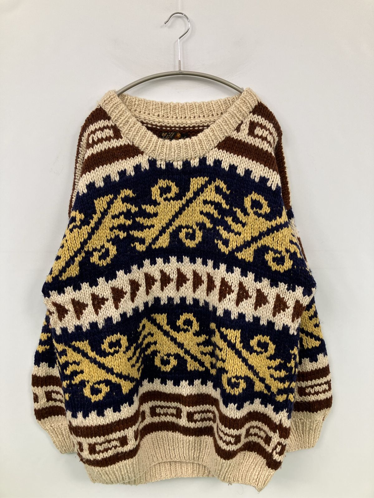Wool Originals ニット/セーター Large ブラウン ニット その他総柄 ミドル丈 長袖 クルーネック(丸首) メンズ レディース