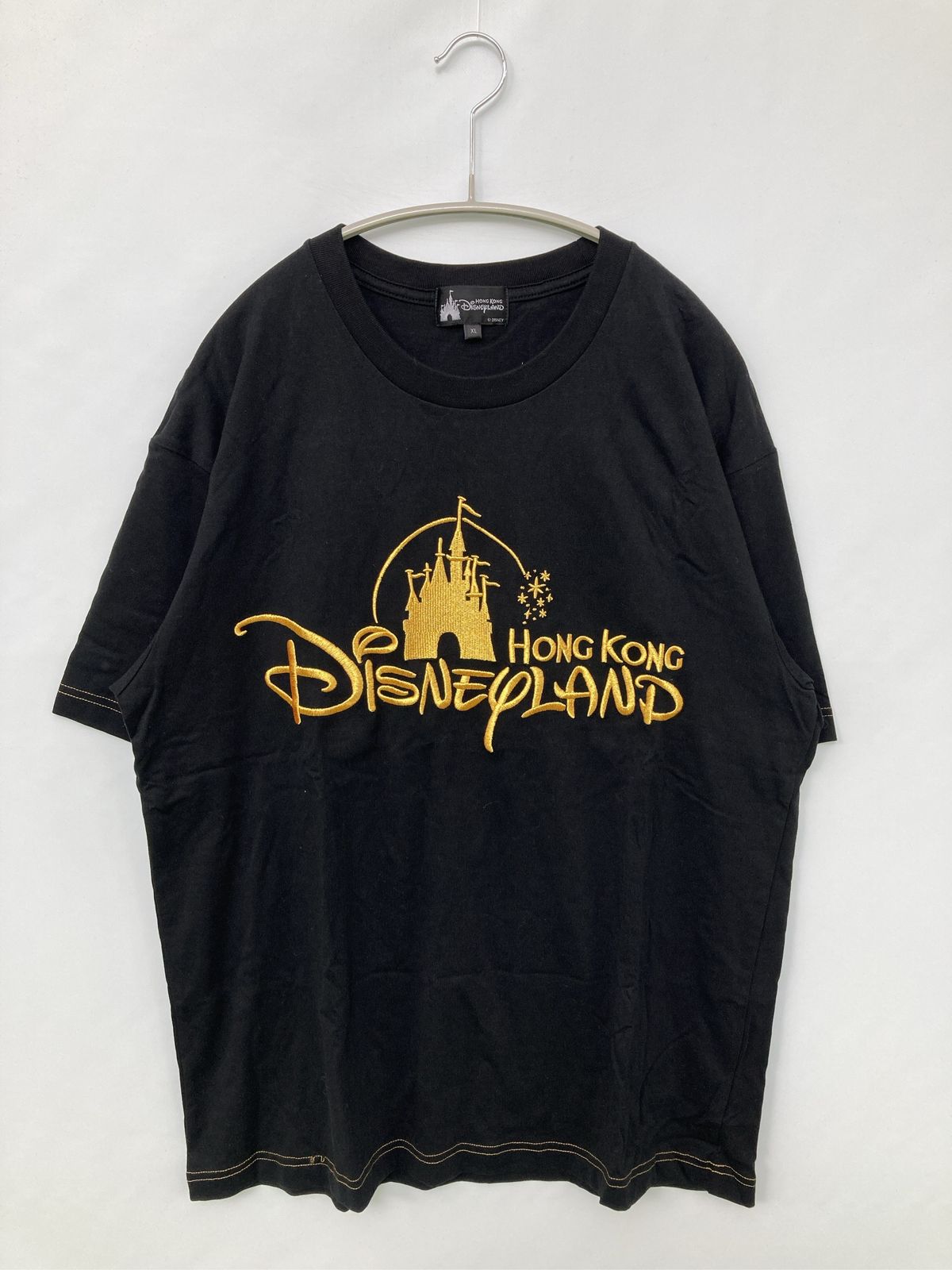 Disneyland ディズニーランド Tシャツ/カットソー XL ブラック 前面プリント ブランドロゴ 刺繍 ミドル丈 半袖 クルーネック(丸首) メンズ レディース