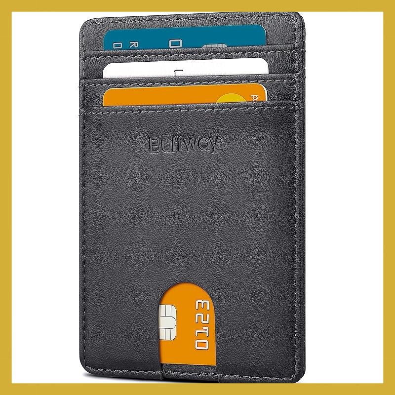 Buffway (バフウェイ) メンズ スリムウォレット ミニマリスト 薄型の財布 フロントポケット レザー クレジットカードホルダー RFID保護対応 通勤に, ボストン・ブラック, One Size