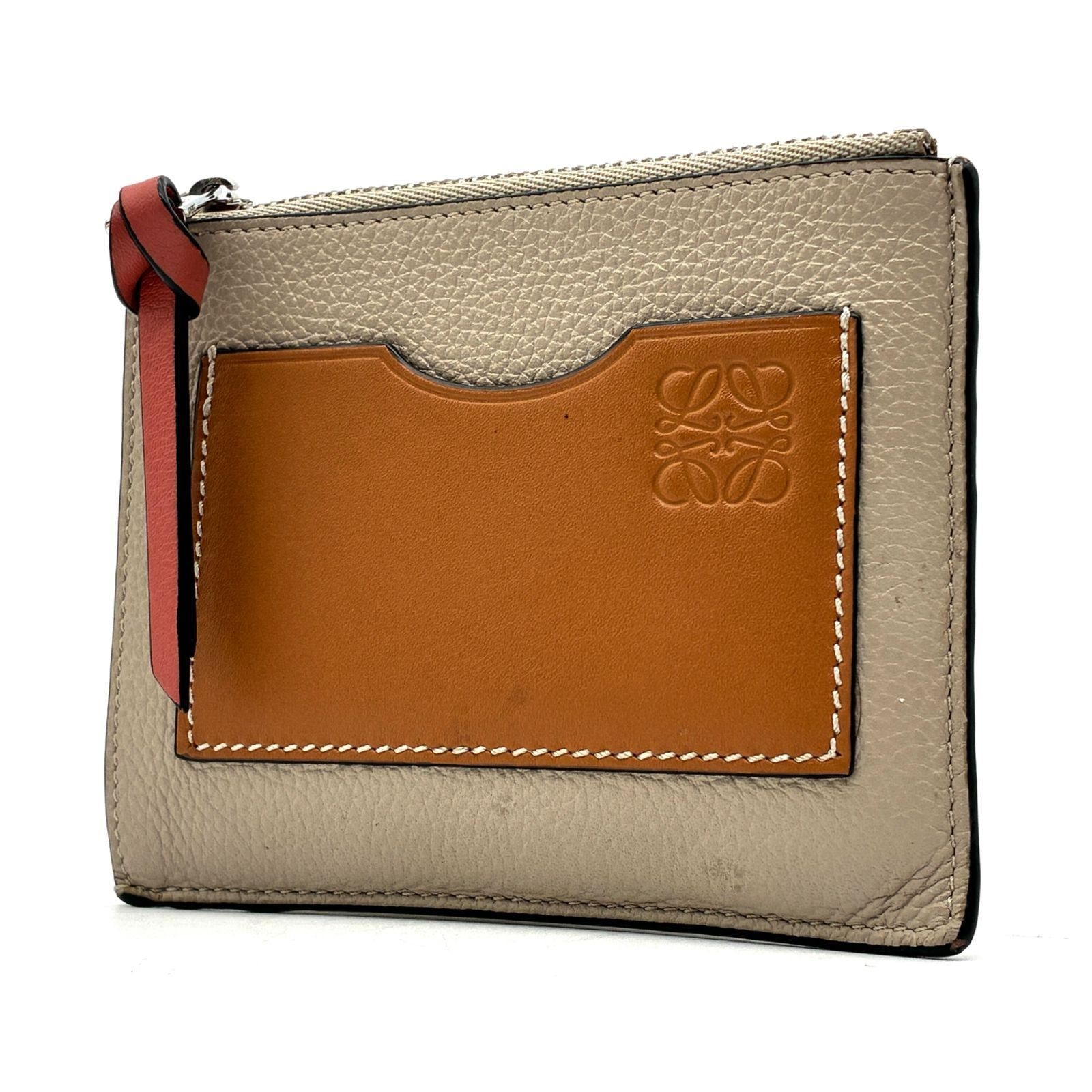 未使用に近い ロエベ LOEWE アナグラム コインカードホルダー フラグメントケース ベージュ ブラウン マルチカラー レザー コインケース カードケース 小銭入れ スマートウォレット 夏のボーナス サマーギフト