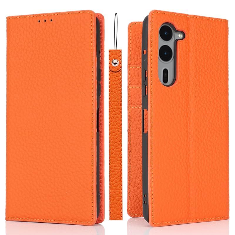 【新品】 Havaya 対応 arrows We2 Plus ケース F-51E ケース We2 Plus M06 ケース 手帳型 本革 ストラップ カバー アローズ we2 プラス 富士通 docomo 耐衝撃 カード収納 スタンド機能 レザー -オレンジ