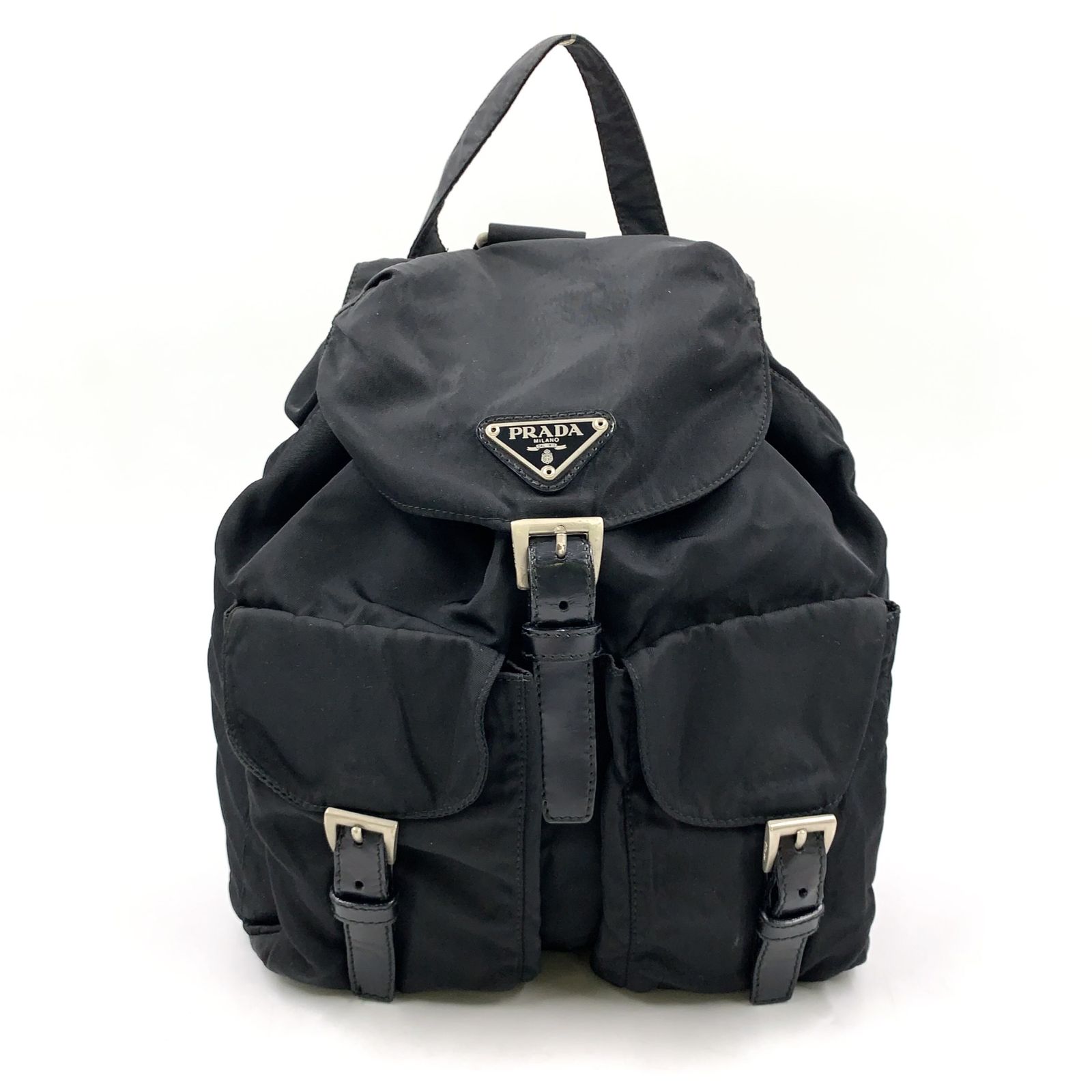 【新着】PRADA 三角ロゴプレート リュック レザー×ナイロン ブラック バックパック シルバー