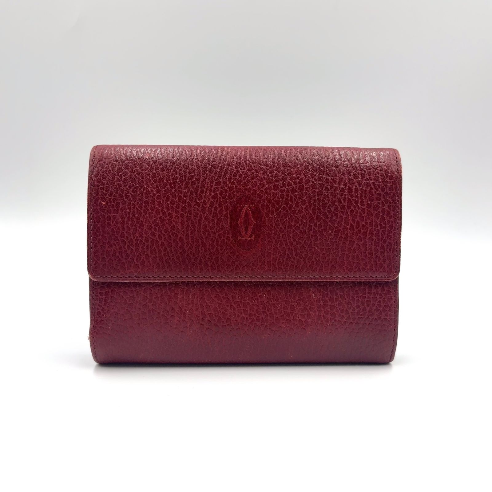 【新着】Cartier マストライン レザー ボルドー 三つ折り財布 ゴールド