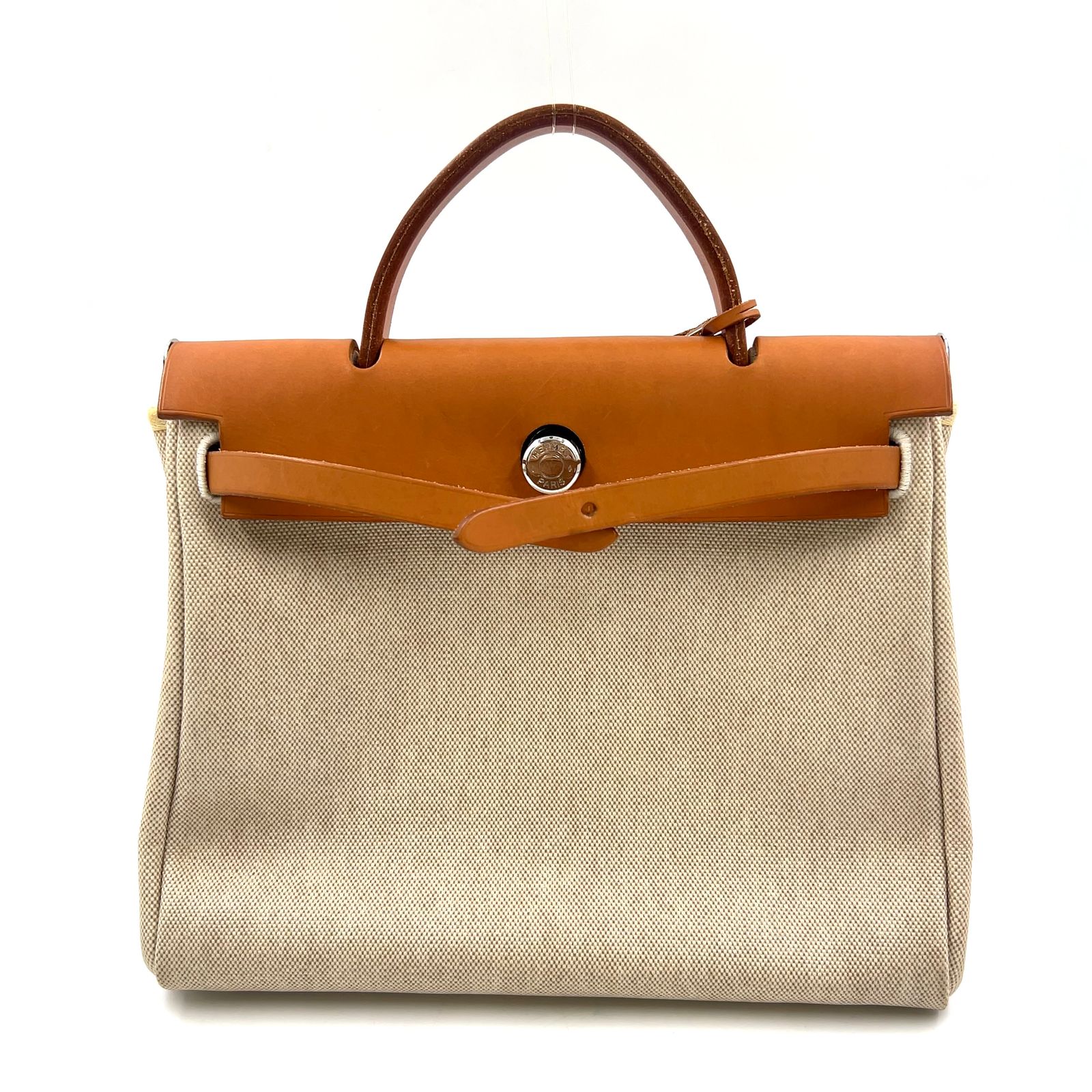 【新着】HERMES エールバッグ アド ハンドバッグ □E刻印 レザー×キャンバス ベージュ×ライトブラウン バックパック シルバー