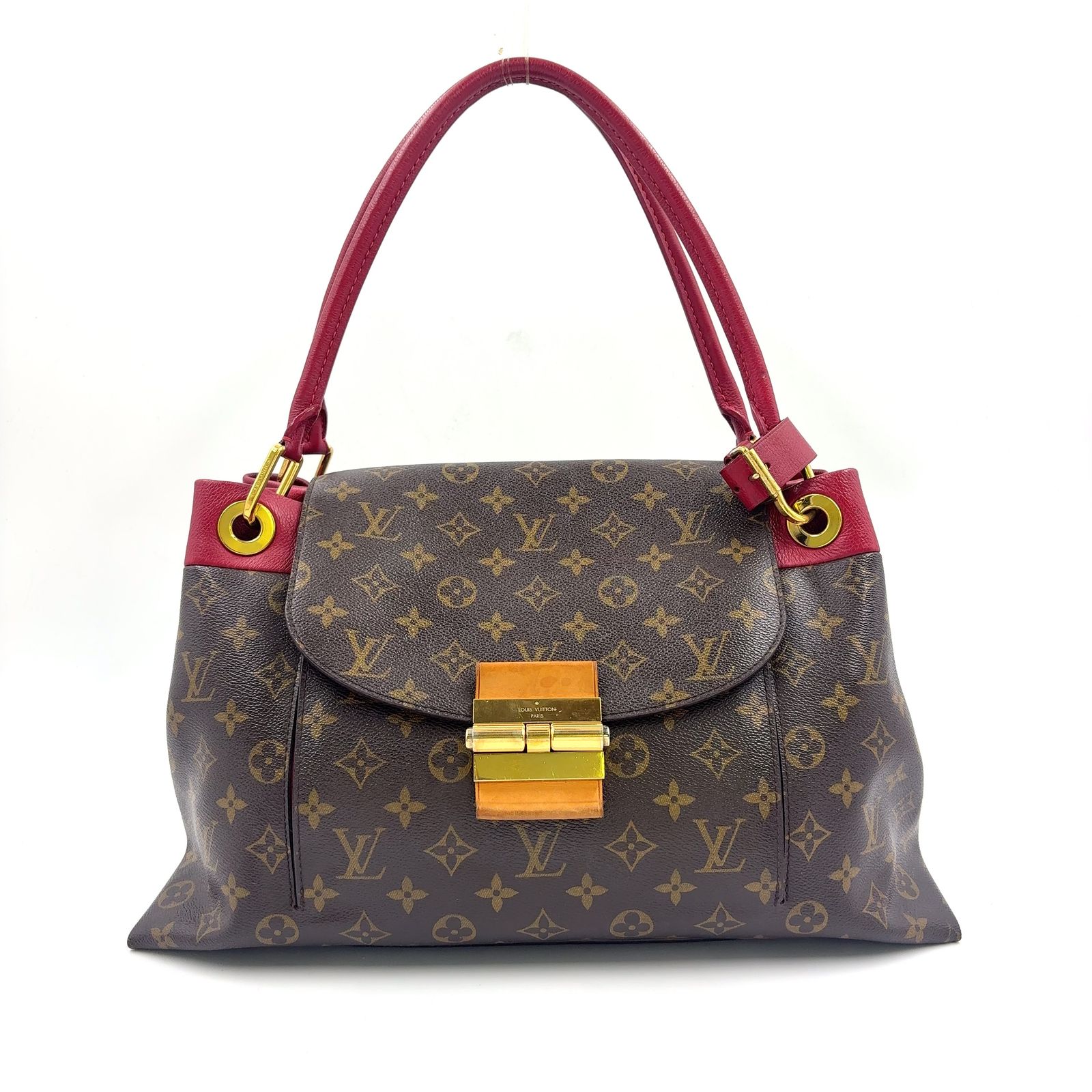 【新着】LOUIS VUITTON オランプ モノグラム レザー×キャンバス ブラウン×レッド ハンドバッグ ゴールド M40732