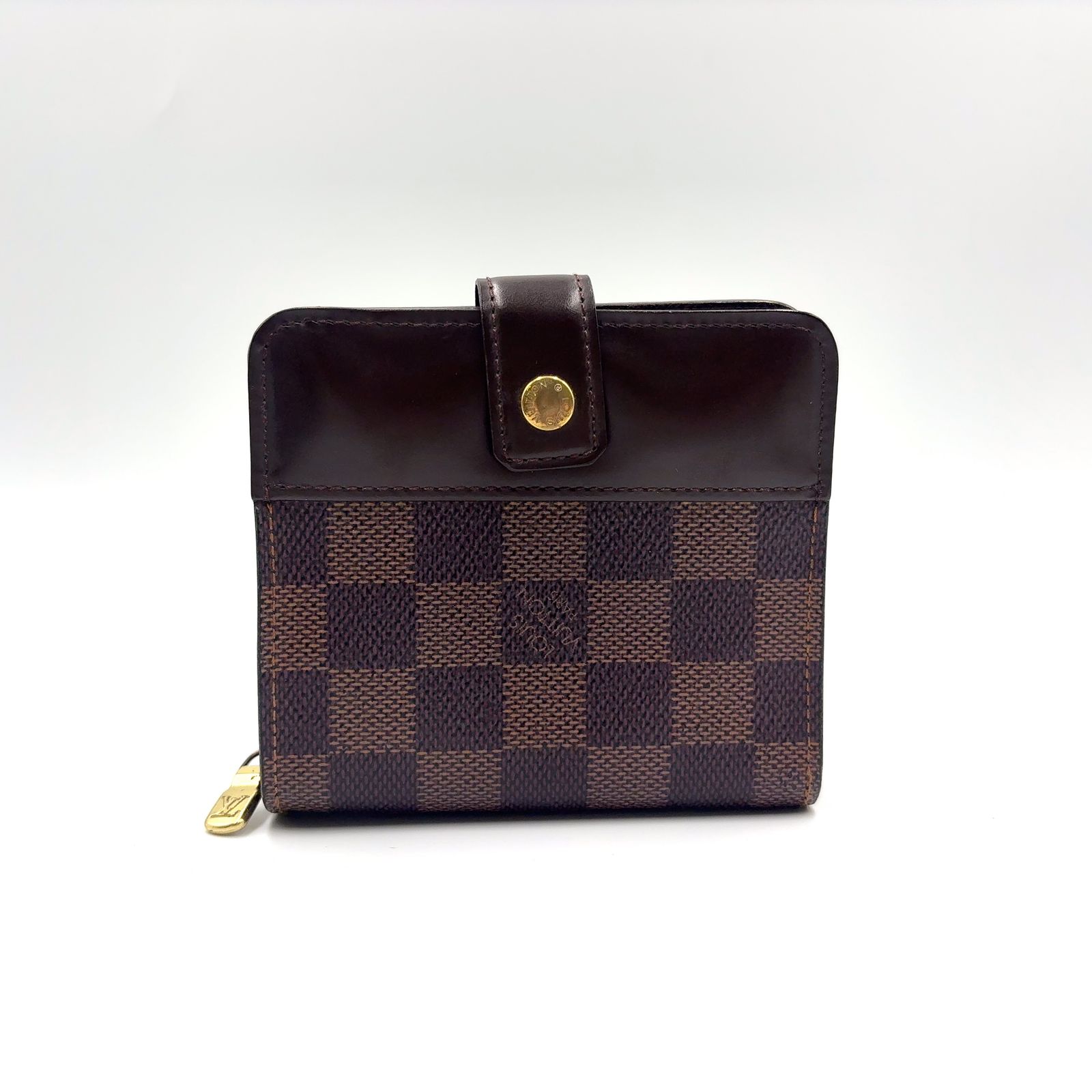 【新着】LOUIS VUITTON コンパクトジップ ダミエエベヌ ダミエエベヌ レザー×PVC ブラウン 二つ折り財布 ゴールド N61668