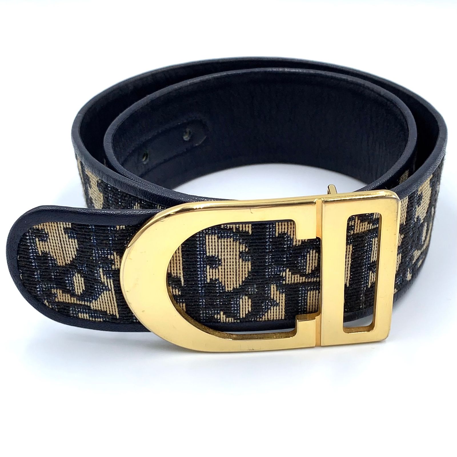 【新着】Christian Dior トロッター レザー×キャンバス ネイビー ベルト ゴールド