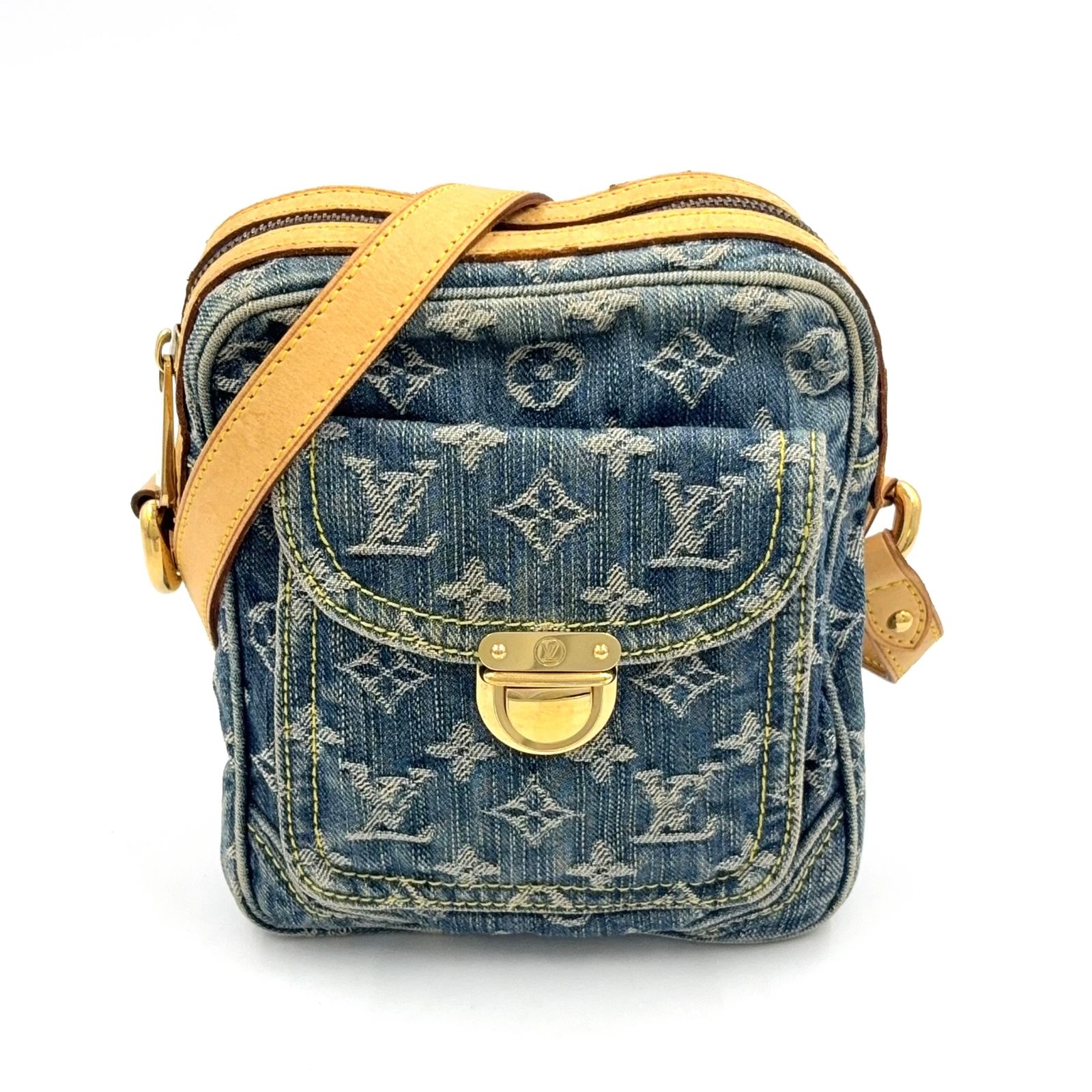 【新着】LOUIS VUITTON カメラバッグ モノグラムデニム モノグラムデニム レザー×デニム ブルー ショルダーバッグ ゴールド M95348