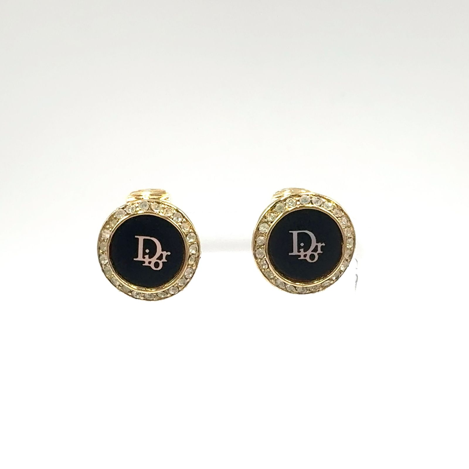 【新着】Christian Dior トロッターロゴ GP×エナメル×カラーストーン クリア×ゴールド×ブラック イヤリング