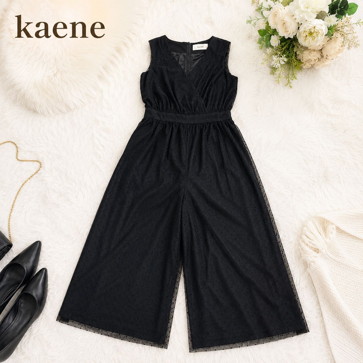 kaene カエン サロペット 二次会結婚式 レース ドット ネイビー パンツ