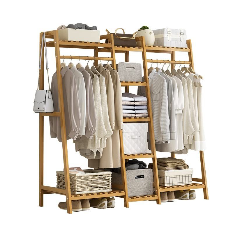 【人気商品】ハンガーラック パイプハンガーラック 物干しスタンド 洋服ラック 洋服ハンガー 天然竹製 ワードローブ コート掛け 衣類収納 頑丈 大容量 省スペース 組立簡単 (130*40*140cm 木色)