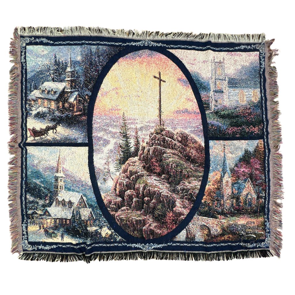 vintageラグ ブランケット マルチカバー タペストリー トーマスキンケード 十字架 教会 Rug Blanket Thomas Kinkade 2750