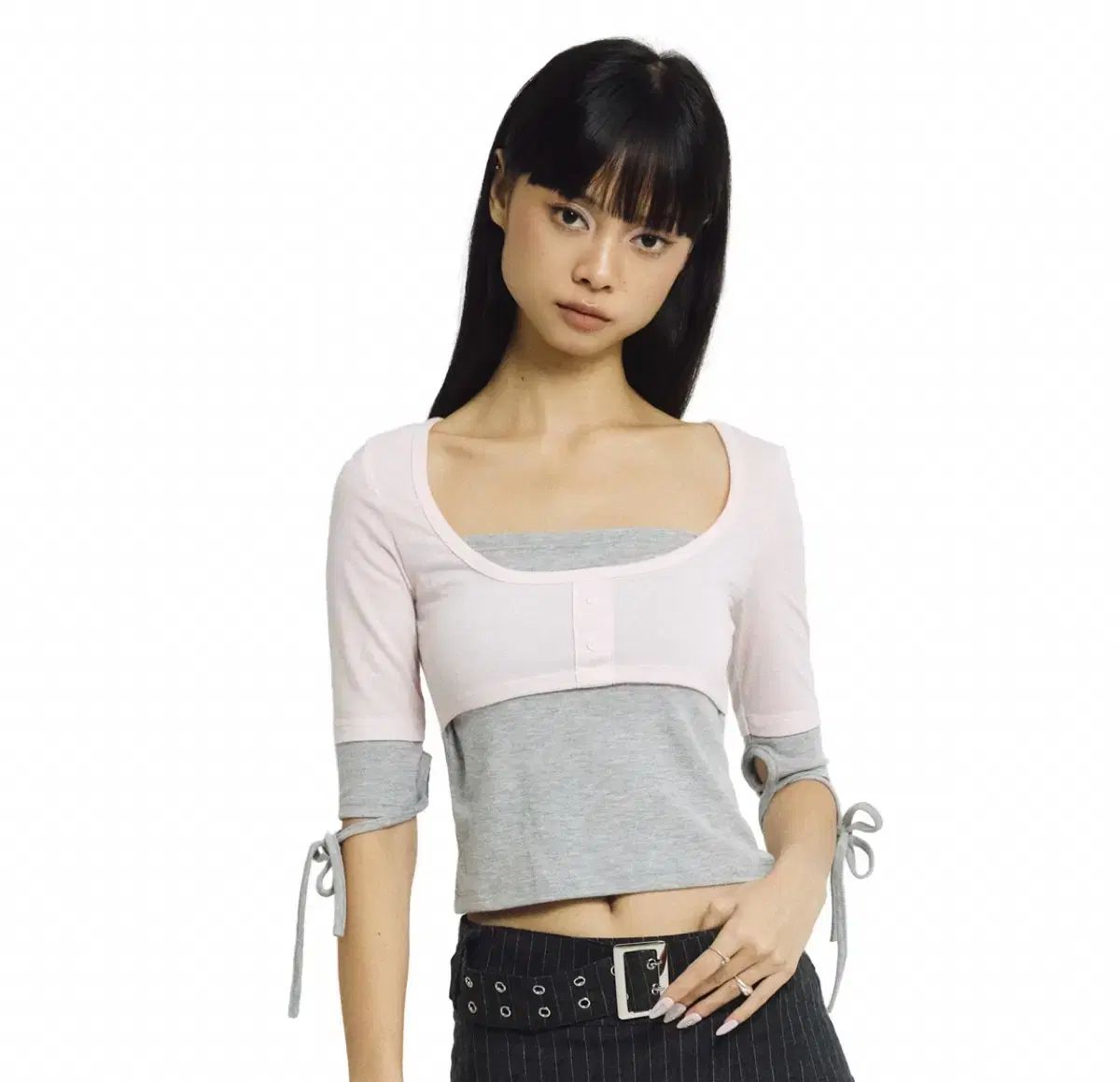 ポアリング LAYERED CAKE TEE GREY-PINK