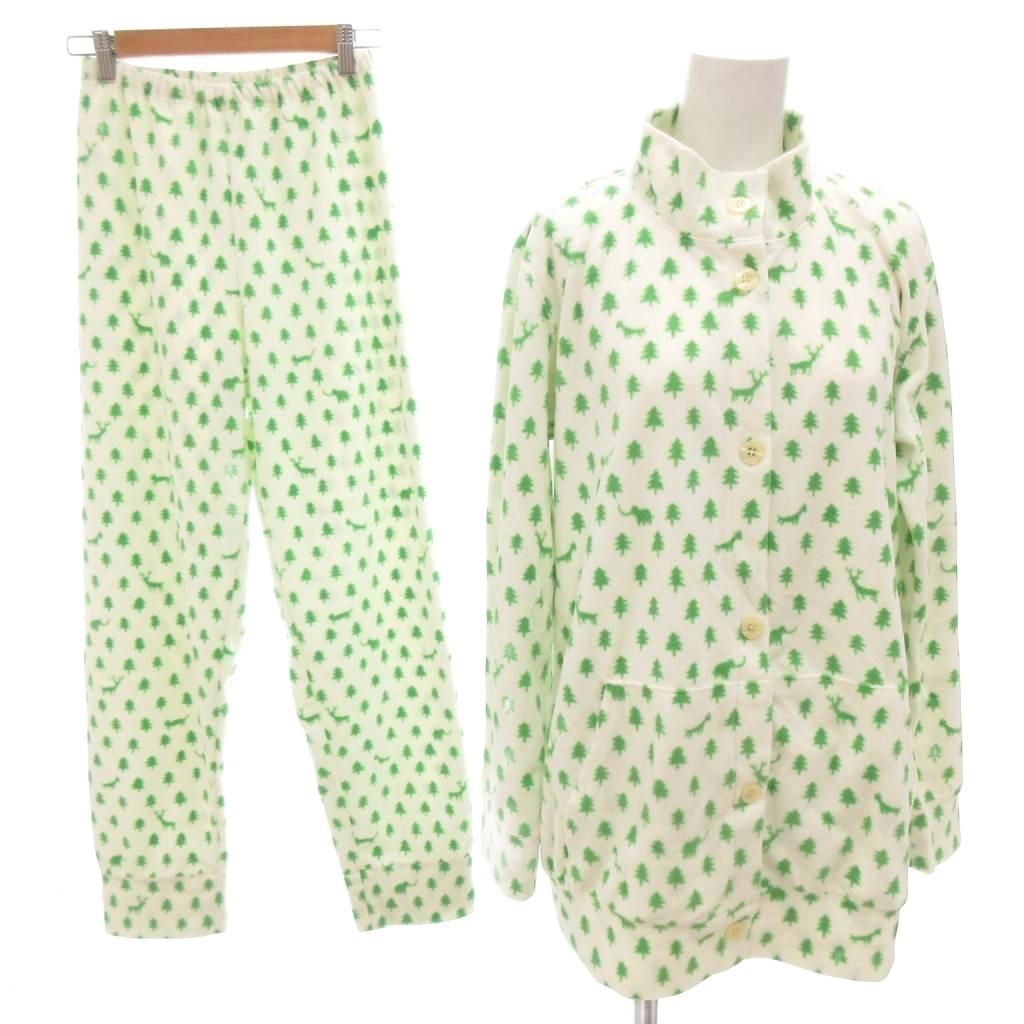 ツモリチサト TSUMORI CHISATO 美品 セットアップ 上下セット ナイトウエア パジャマ カットソー パンツ M 白 ホワイト 緑 グリーン ツリー柄 アニマル柄 長袖 スタンドカラー /TL ■ECF004
