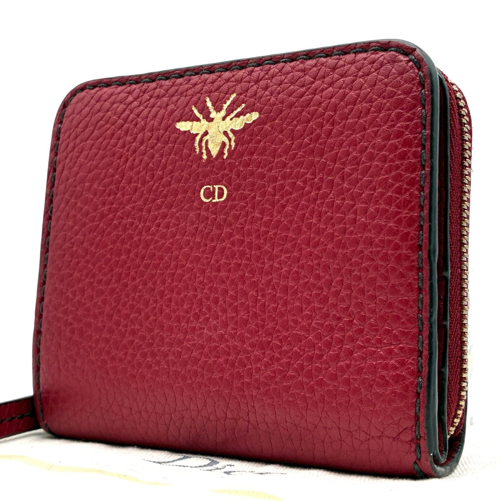 極美品 Christian Dior クリスチャン ディオール Bee ビー 蜂 二つ折り財布 コンパクトウォレット ラウンドファスナー レッド 赤 レザー 本革 小銭入れ カードケース ボーナス 夏休み 夏の旅行 ご褒美 ギフト
