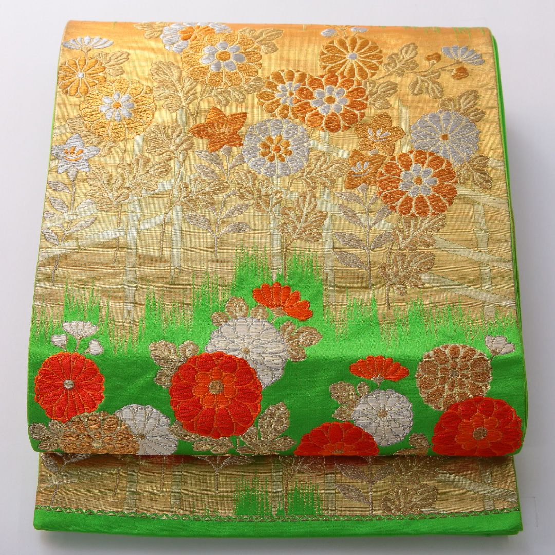 特価!袋帯 帯丈420cm 正絹 六通 フォーマル 菊 吉祥文様 金系 緑系 1243-02003