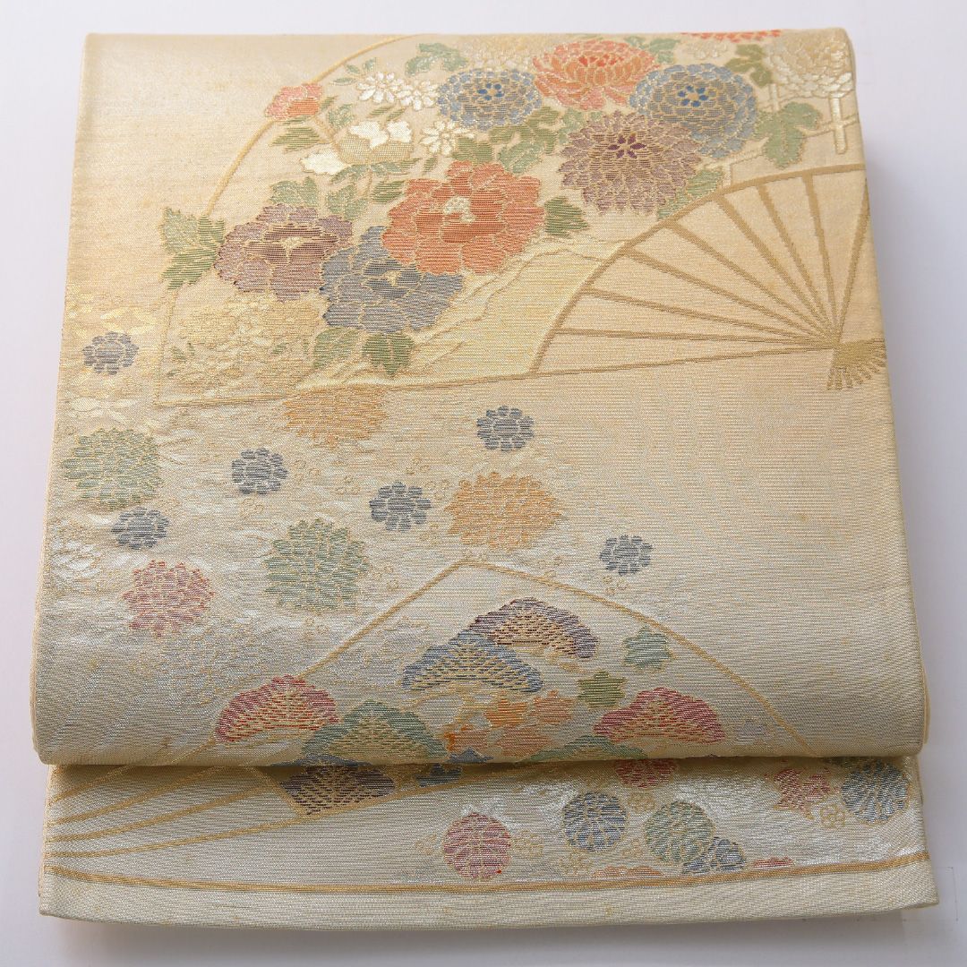 特価！袋帯 帯丈418cm 正絹 六通 帯芯なし フォーマル 綴れ織 扇面文 金系 1243-02031 7,300円
