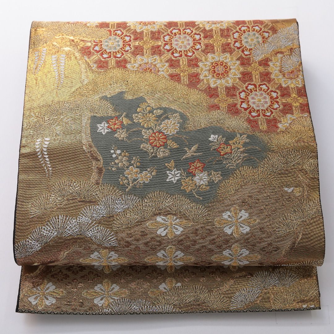 特価！アンティーク 丸帯 帯丈380cm 正絹 全通 鶴 菊 吉祥文様 