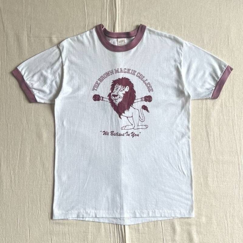 希少　70～80s　vintage　MADE IN USA　アメリカ製　sportswear 　スポーツウェア　半袖リンガーTシャツ　トリム　ブラウン・マッキー・カレッジ　アーチロゴ　ボクサーライオン　アニマルグラフィック　メッセージロゴ　M　Y2K　アメカジ