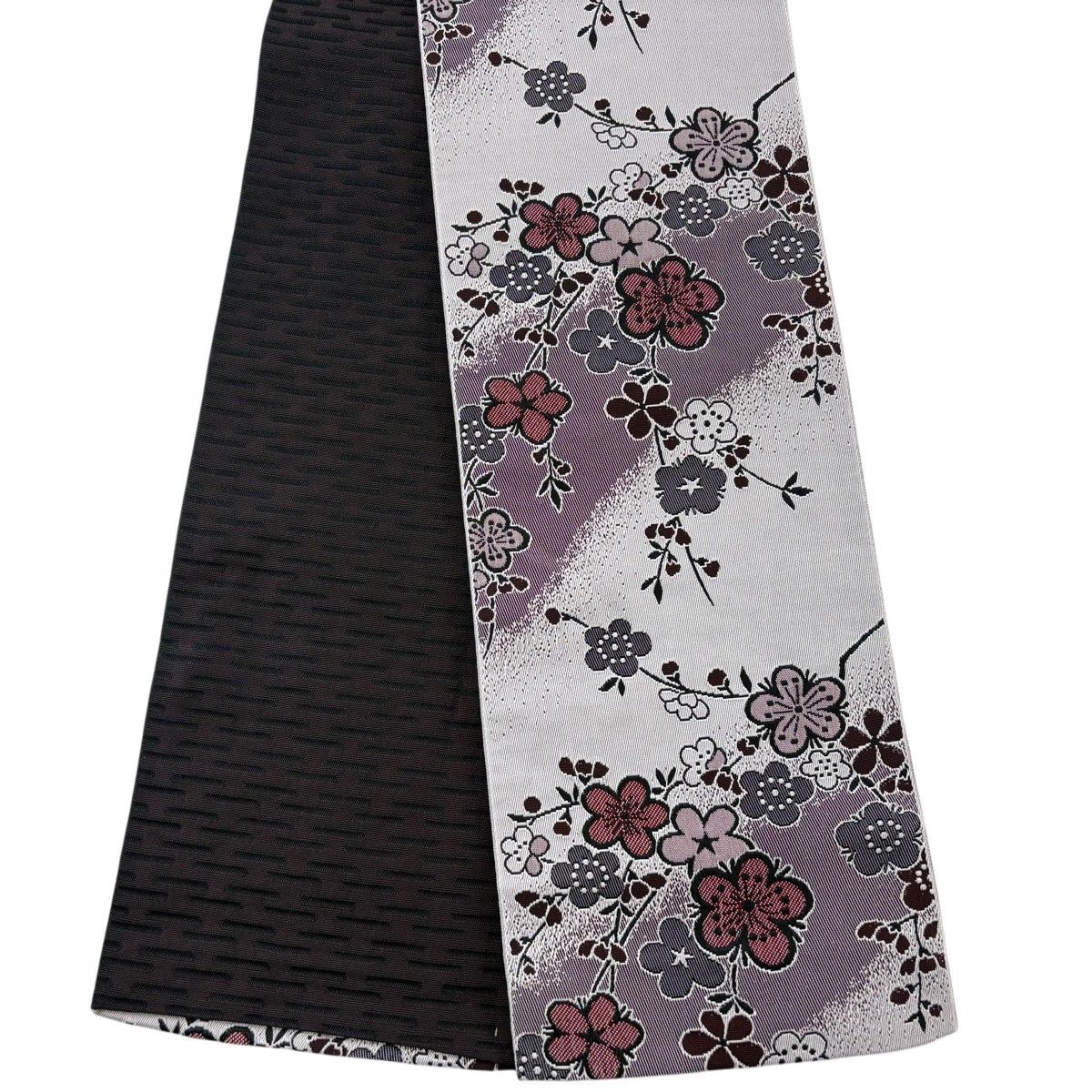 【美品】半幅帯 優品 梅 灰茶 化繊 【中古】