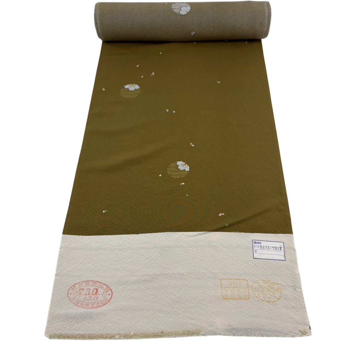 反物 秀品 小紋 桜 雪輪 茶緑色 正絹 【中古】