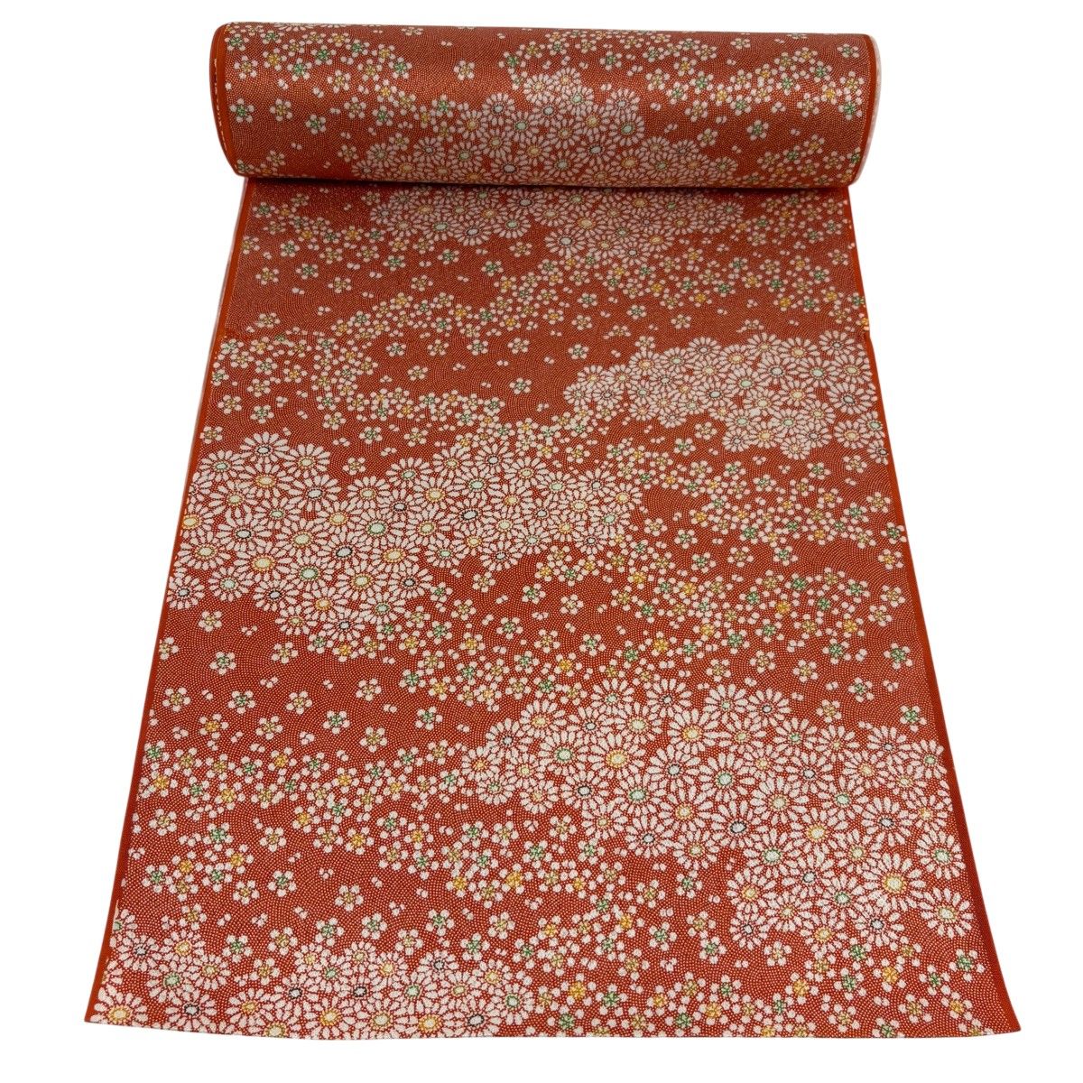 反物 秀品 小紋 菊 鮫 朱色 正絹 【中古】