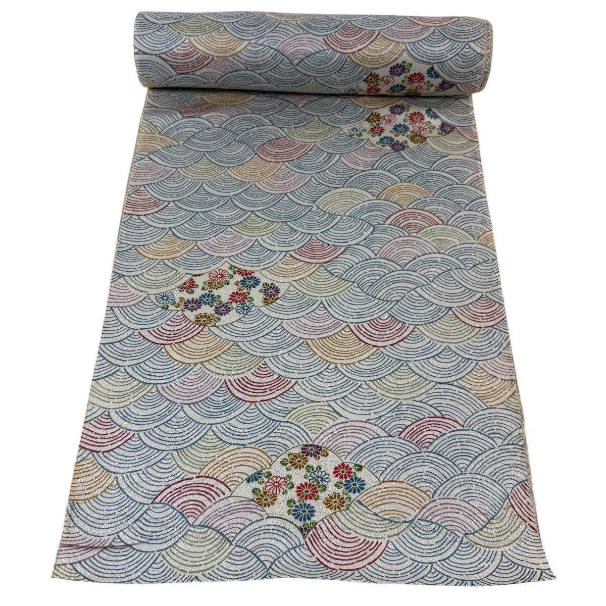反物 秀品 小紋 菊 波 クリーム 正絹 【中古】