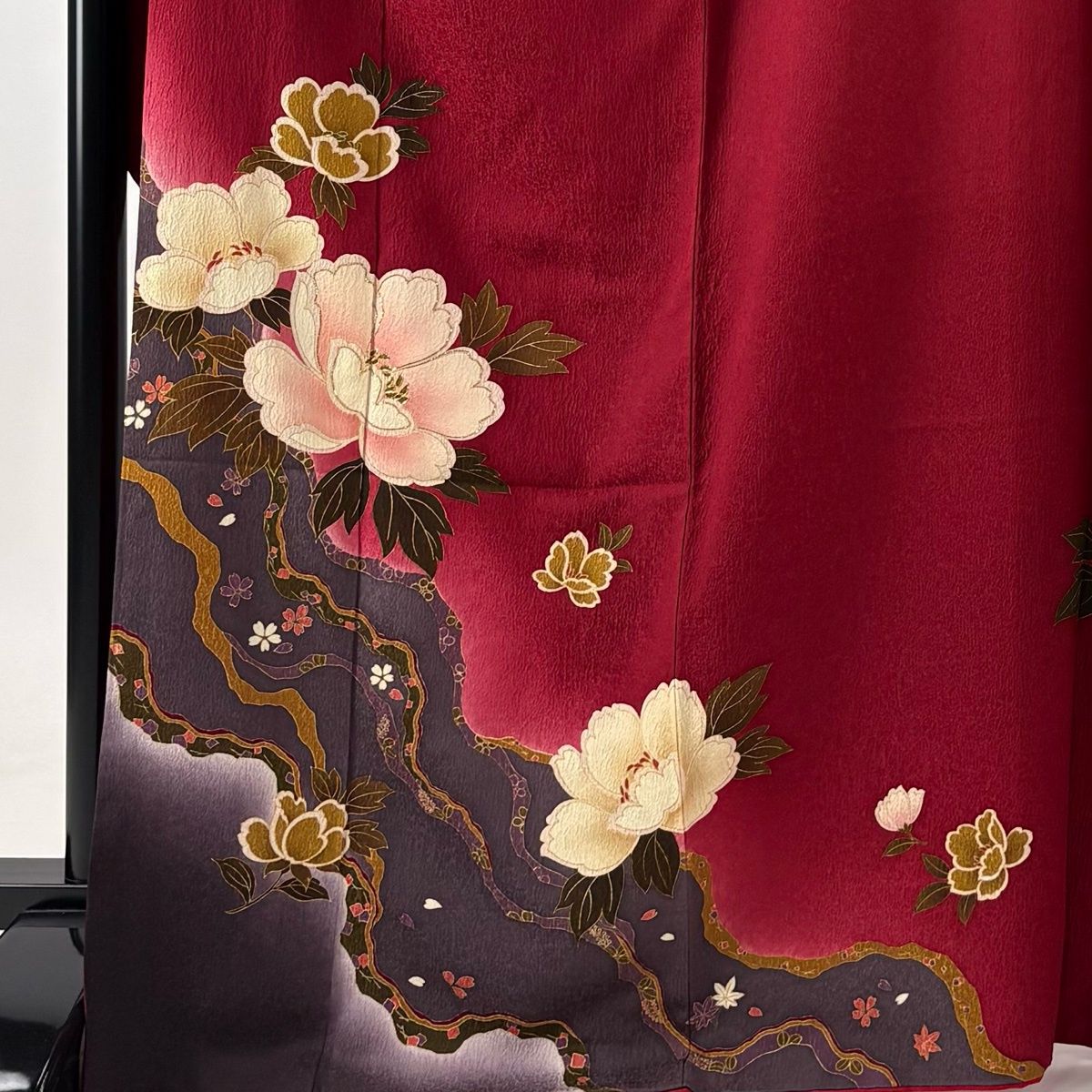 振袖 身丈169cm 裄丈68cm L 袷 袋帯フルセット 牡丹 桜 箔 金彩 赤