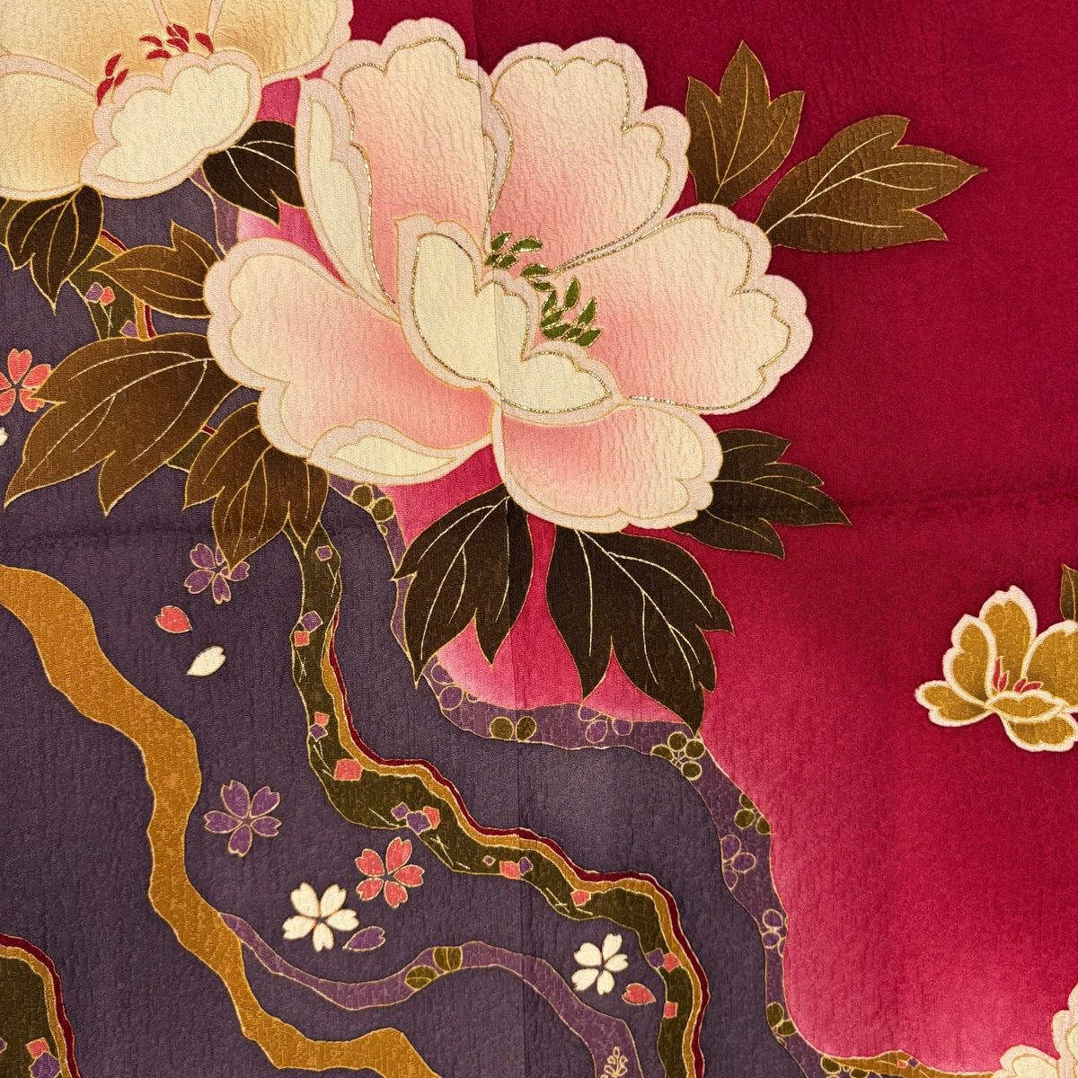 振袖 身丈169cm 裄丈68cm L 袷 袋帯フルセット 牡丹 桜 箔 金彩 赤