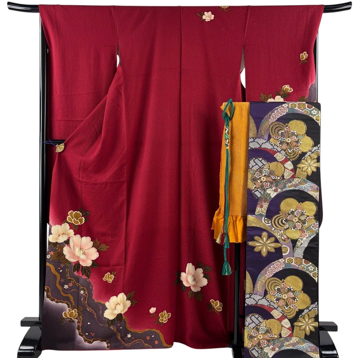 【振袖フルセット】身丈162.5cm 裄丈67.5cm 桜 流水 箔 金彩 赤 振袖 身丈169cm 裄丈68cm L 袷 袋帯フルセット 牡丹 桜 箔 金彩 赤
